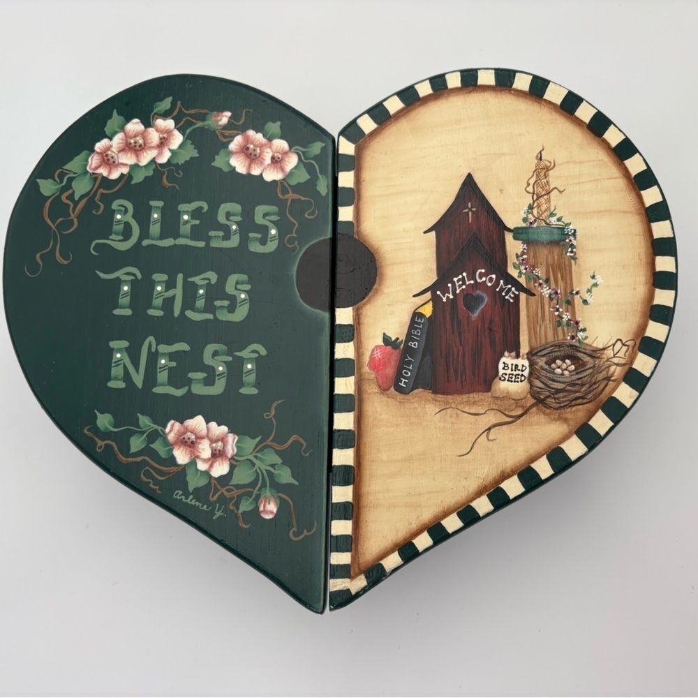 Vintage Hand-painted “Bless This Nest” Heart-Shaped Box with Folk Art Design